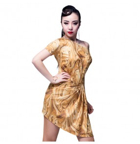 Gold printed black short sleeves fashion women's ladies competition professional latin samba salsa dresses costumes