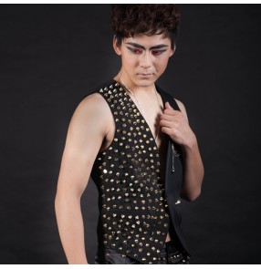 Gold rivet with black leather fashion men's male competition nigh club party performance jazz hip hop punk rock vests waistcoats