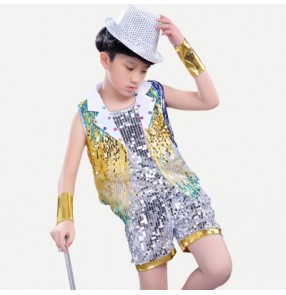 Gold royal blue gradient colored boys girls modern dance sequins jazz singers drummer dancers hip hop dancing outfits costumes