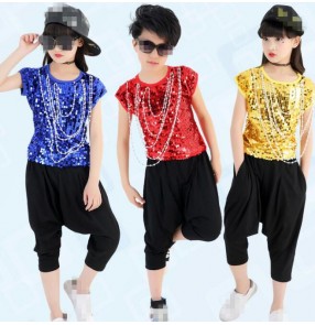 Gold royal blue red sequins paillette modern dance street dance hip hop jazz singers performance dance outfits costumes