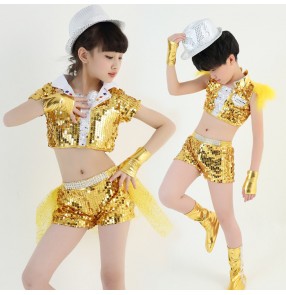 Gold royal blue sequins paillette modern dance girls boyds kids children jazz singers dancers drummer performance  outfits