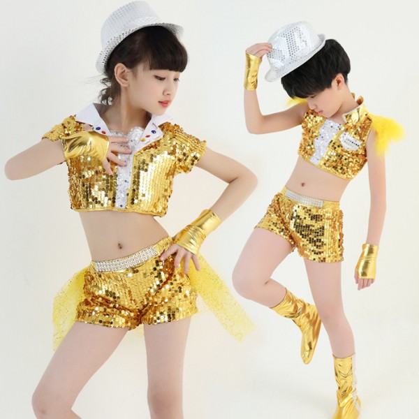 Gold royal blue sequins paillette modern dance girls boyds kids ...