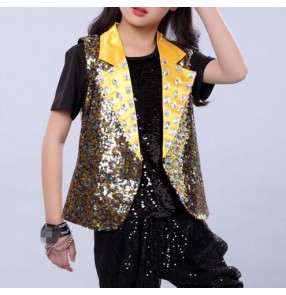 Gold sequins lapel collar sleeveless girls kids children jazz singers hip hop drummer competition vest waistcoats