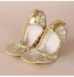 Gold sequins striped glitter paillette flat heel soft soles teachers practice competition women's girls belly dance shoes 