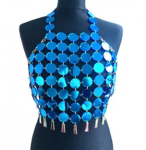 Gold silver lens coins backless halter neck women's ladies sexy performance jazz ds dj pole dance tops vests
