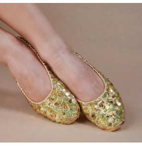 Gold silver sequins soft  flat soles women's girls practice gymnastics exercises belly ballet dance shoes 