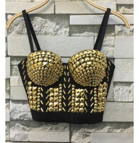 Gold Unique Rhinestone Bustier Diamond Push Up Night Club Bralette Women's jazz singers dj bar Bra Cropped Top Vest tanks