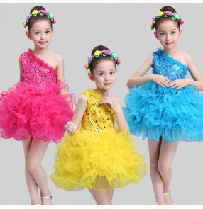 Gold yellow turquoise fuchsia hot pink sequins one shoulder flower girls princess modern dance jazz singers dance dresses