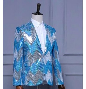 Gradient Blue jacket male costume men's prom wedding dance outerwear singer party Christmas performance show fashion slim