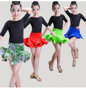 Green floral red royal blue patchwork girls kids children gymnastics performance latin salsa cha cha dance dresses