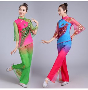 Green fuchsia Oriental dance costumes dress traditional chinese folk dance costumes women yangko fan dance costumes 