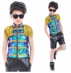 Green gold  laser glitter paillette rivet boys kids children jazz singers performance t show ds hip hop top and shorts outfits