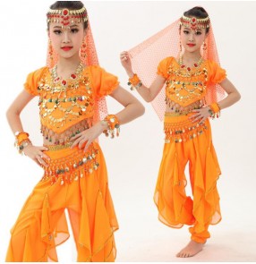 Green orange kids belly dance 6 pcs(top+pant+belt+head chain+hand chain+veil) indian clothes rose/red/yellow girls belly dance costume