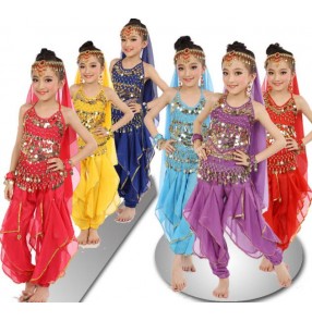 Green orange yellow red coins girls kids baby performance competition Indian queen belly dance clothes top and pants 