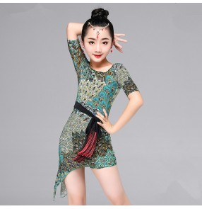 Green peacock printed irregular hem girls kids children performance latin salsa dance dresses outfits