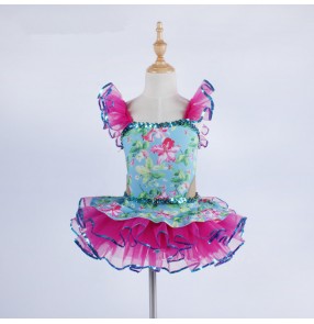 Green rose floral printed fuchsia hot pink patchwork girls kids children performance competition tutu skirt ballet dance dress