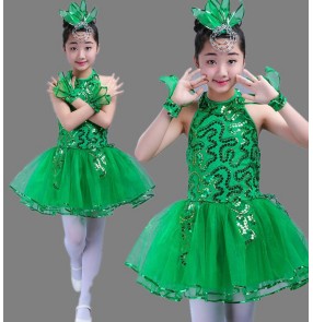Green sequins paillette backless girls kids children modern dance princess jazz singers chorus dancing dresses outfits