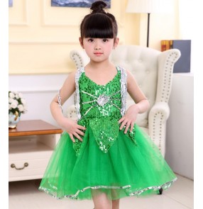 Green sequins petal silver fringes girls kids children school competition performance modern dance princess dresses outfits