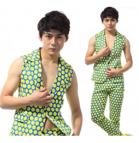 Green with yellow polka dot  fashion European American style men's male performance jazz singers hip hop night club dance vest pants outfits 