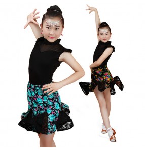 Green yellow black floral printed lace girls kids children gymnastics performance school latin  leotards tops skirts dance dresses