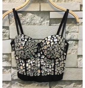 Hand-made Diamonds silver black Pearls Corsets Women's jazz singers club bar Bustier Bra Cropped Tops Wedding Bralette Vest 