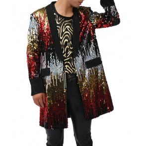 High Quality Fashion red black Sequins Long Jacket Blazer Nightclub Concert Bar Stage Show Male Singer Dancer Performance Costumes Coat