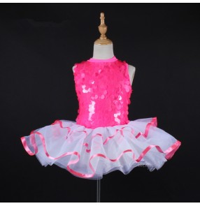 Hot Pink fuchsia white patchwork girls kids children competition performance sequins tutu leotards skirts ballet dance dresses