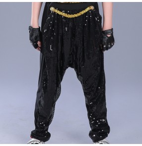 Kid Modern Black sequins paillette boys Jazz Hip Hop Dance Competition performance Costumes for Boys Clothing Clothes harem Pants