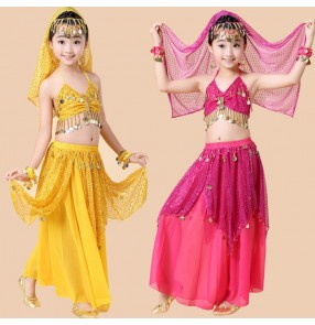 kids belly dance 5 pcs(top+skirt+head chain+veil+hand cuffs) indian clothes rose/red/yellow girls children belly dance costume