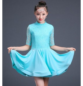 Kids Half  Sleeves girls lace Children turquoise latin Dance Dresses Kids Salsa Rumba Cha Cha Samba Tango Dresses