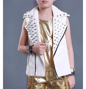 Kids Performance Costume white Vest for Boys Rivet leather  Boys drummer competition Wedding Waistcoat Kids Party Dancing Waistcoat