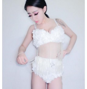 lace perspective Dance Costume Lady white lace Women Sexy Nightclub Singer Jazz Hip Hop Dance Costumes  Outfits