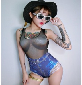 Lady Women Sexy Nightclub orchestra denim blue patchwork Singers dancers performance Jazz Hip Hop Dance Costumes Bodysuit