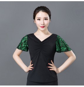 Latin dance costumse sexy milk silk green fish  sleeves latin dance tops for women latin dancing blouses