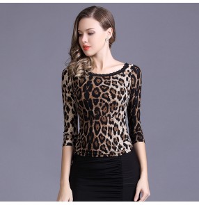 Leopard black Long sleeves women's ladies fashion sexy stage performance competition ballroom latin salsa samba tango dance tops blouses