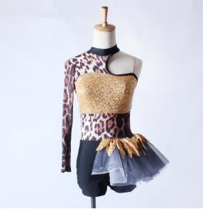 Leopard gold sequins patchwork one shoulder girls kids children competition latin dance dresses leotards outfits