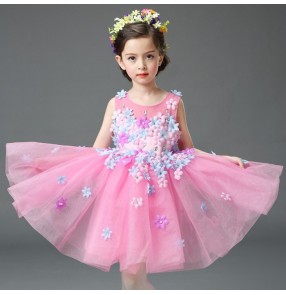 Light blue light pink flowers girls kids children modern dance princess wedding flower girls performance dance dresses