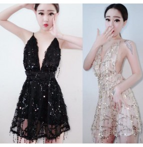 light gold black women sequins Jazz Dance Stage Costumes For Singers Hip Hop Dance Costume Female Ds Dj Gauze Stitching Nightclub Dress