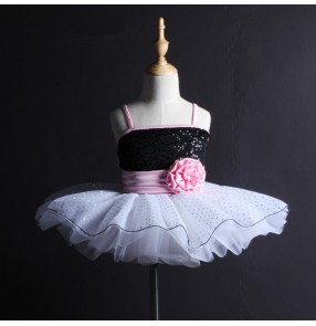 Light pink black sequins white polka dot paillette backless girls kids spaghetti strap tutu swan lake ballet dance dresses