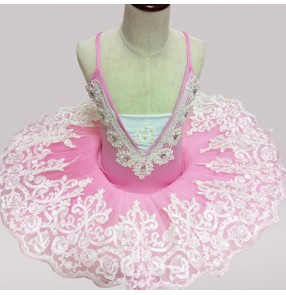 Light pink embroidery tutu pancake plate skirts competition performance girls swan lake ballet dance dresses 