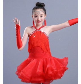 Light pink red fringes rhinestones competition girl's child children kids performance ballroom latin dance dresses