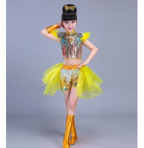 Light pink yellow green royal blue boys kids children girls performance jazz singers dancers hip hop dancing outfits costumes