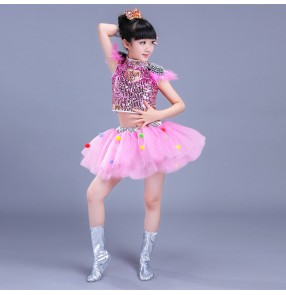 Light pink yellow royal blue green red paillette girls kids children stage chorus performance jazz singers ballet tutu skirt dresses