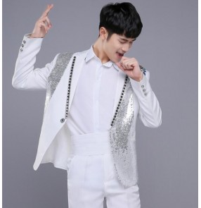 Men New style fashion black red male singer DJ slim gentleman party dj ds costume Sequins blazer dancing jazz jacket men's coat