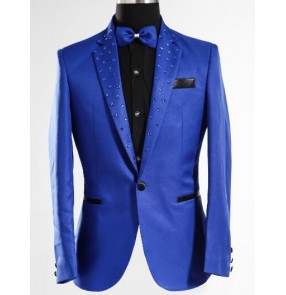 Men New style fashion Royal blue male singer DJ slim gentleman party dj ds costume sequins blazer dancing jazz jacket men's coat