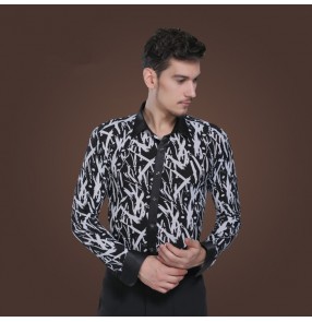 Men's white and black printed latin dance shirt turn down collar 