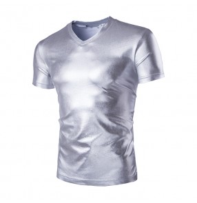 Mens Trend Night Club Coated Metallic Gold Silver T-Shirts Stylish Shiny Short Sleeves T shirts Tees For Men