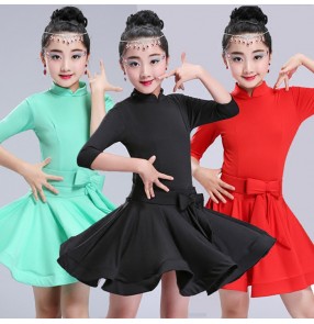 Mint black red short sleeves girls kids children gymnastics performance competition latin ballroom dance dresses