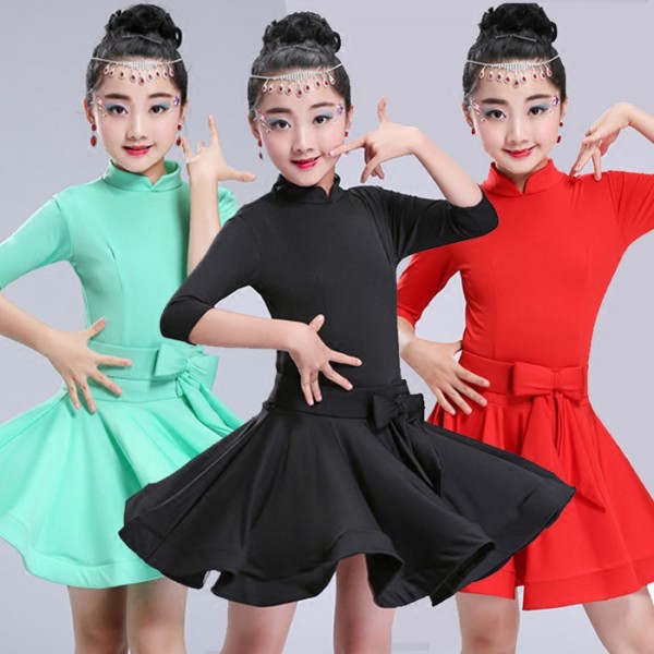 Mint Black Red Short Sleeves Girls Kids Children Gymnastics Performance Competition Latin Ballroom Dance Dresses
