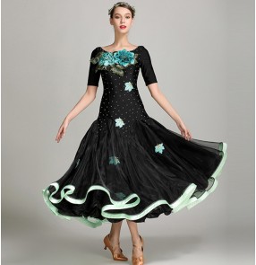 Mint green black patchwork  short sleeves rhinestones competition professional women's waltz ballroom tango dresses